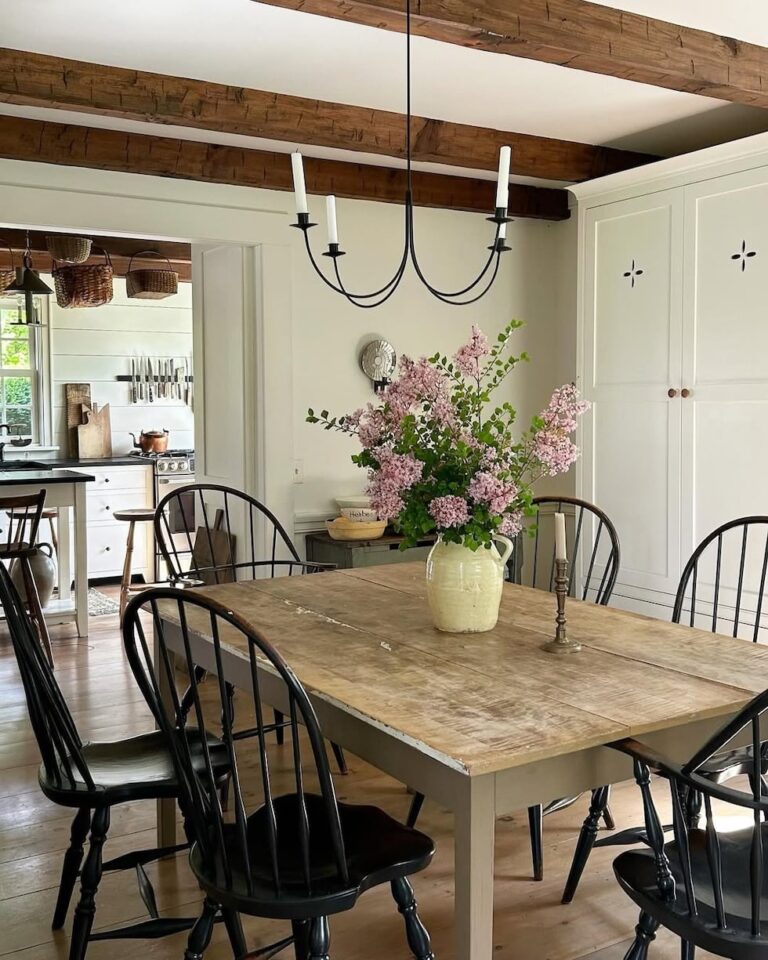 spring dining room neutrals wood beams